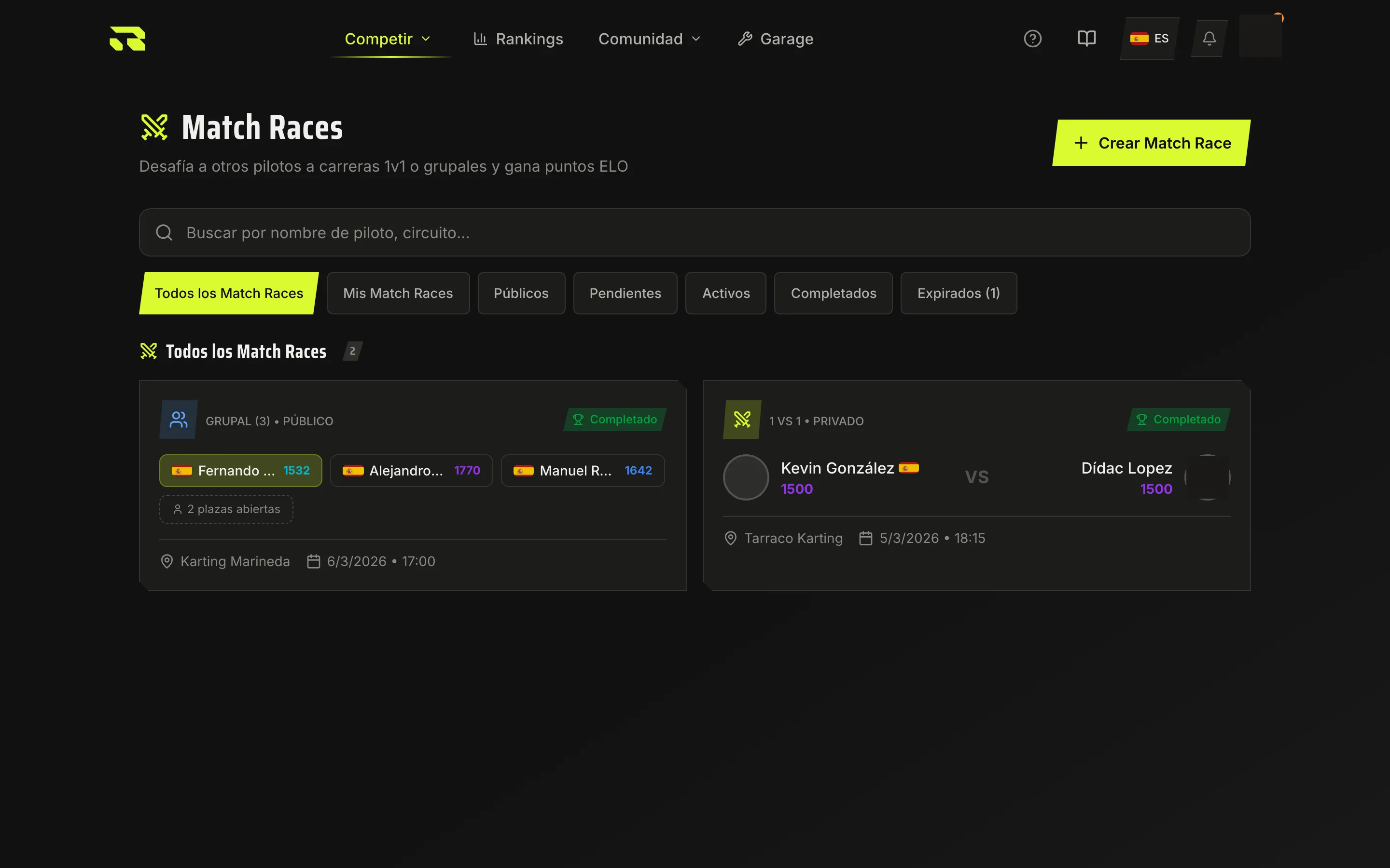 Listado de match races, con los filtros de activos y pasados.