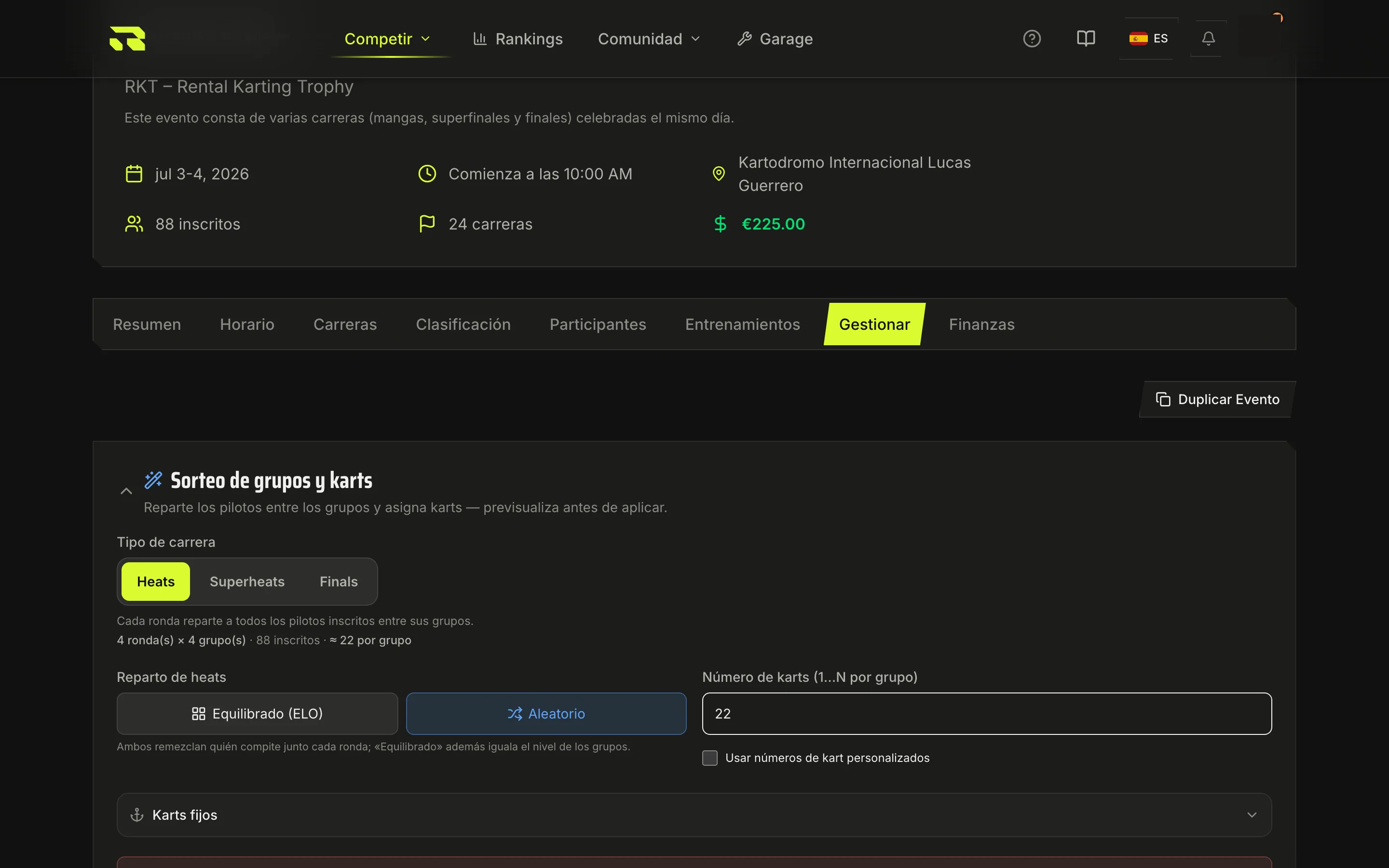 Vista previa del sorteo, con la validación y los karts editables.